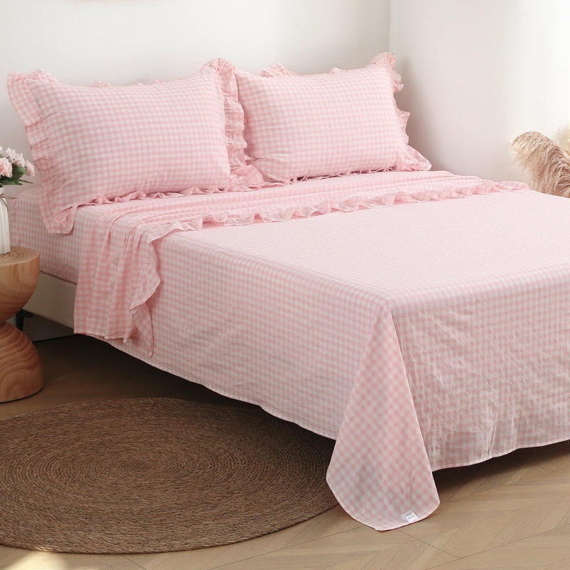 K MASANIJI Peach Blush White Plaid Ruffle Gingham Sheets Queen Size 4Piece Set 300TC 100 Yarn Dyed Cotton Sheets 18 in Deep Pocket Decorative Bedding BlushWhite Plaid Queen