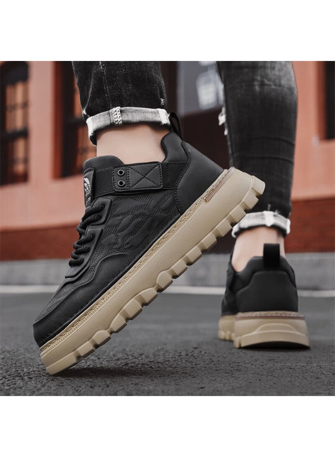 YEARCON Eierkang Men's Retro British Casual Work Shoes Thick Sole Height Increasing Wear-resistant Sports Casual Shoes Black Size 39 - Image 1