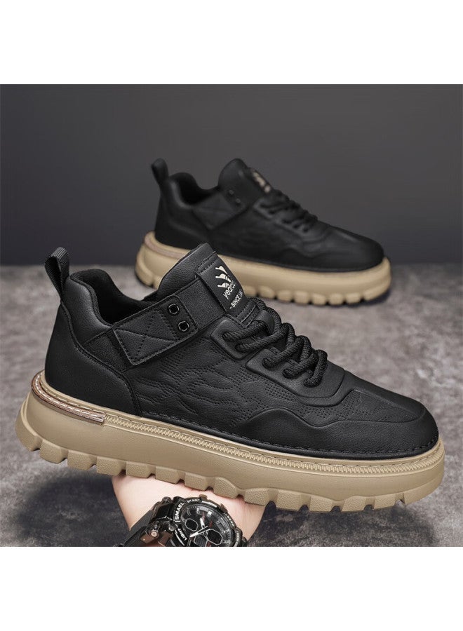 YEARCON Eierkang Men's Retro British Casual Work Shoes Thick Sole Height Increasing Wear-resistant Sports Casual Shoes Black Size 39 - Image 3