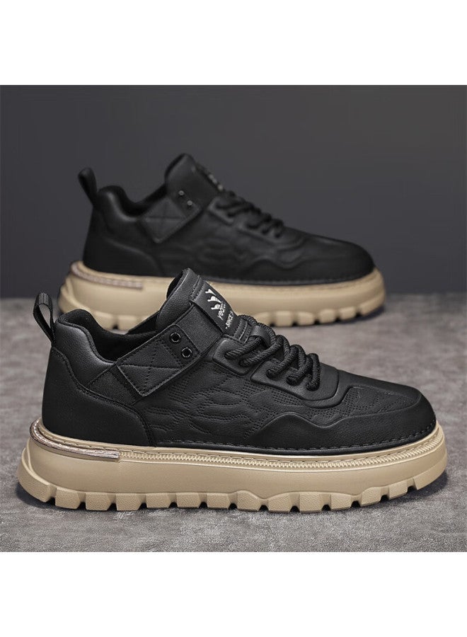 YEARCON Eierkang Men's Retro British Casual Work Shoes Thick Sole Height Increasing Wear-resistant Sports Casual Shoes Black Size 39 - Image 5