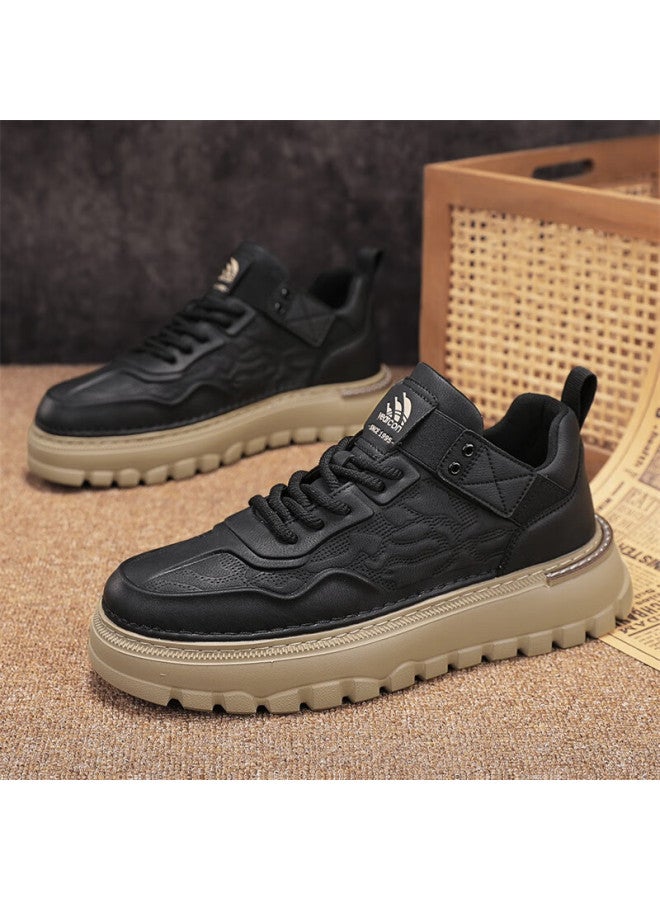 YEARCON Eierkang Men's Retro British Casual Work Shoes Thick Sole Height Increasing Wear-resistant Sports Casual Shoes Black Size 39 - Image 4