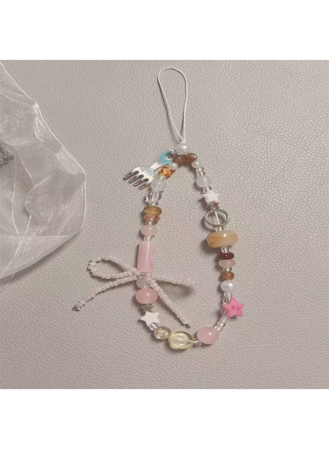 NIBEMINENT Beaded Phone Lanyard, Anti Lost Removable Wrist Strap, Summer White Bow Bracelet Pendant, Phone Keychain Lanyard