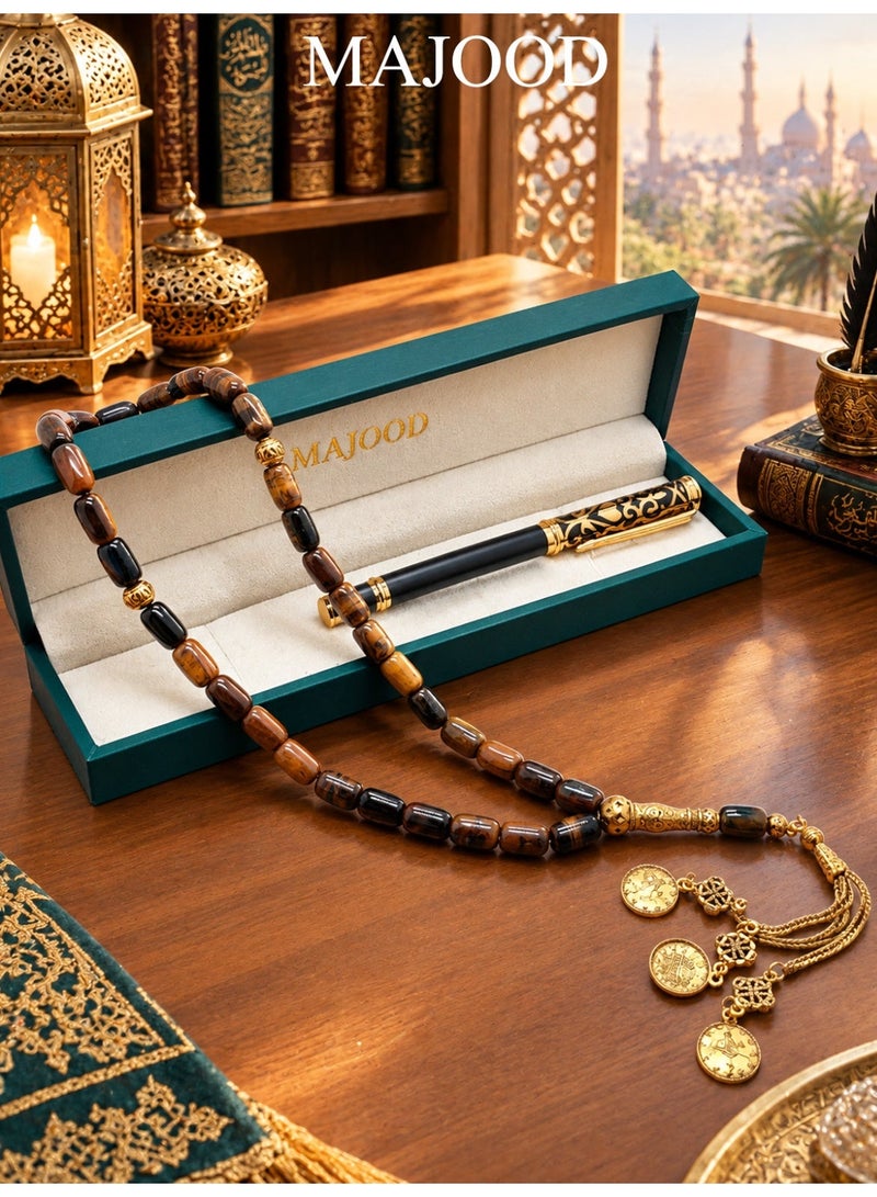 MAJOOD Premium Gift Set: 33 Beads Natural Tiger's Eye Prayer Beads And a Replaceable Ink cartridge Black and Golden pen (Two-Piece Set) – Includes a Beautiful Gift Box, Ideal for Ramadan, Eid al-Fitr, and Daily Prayers. - Image 1