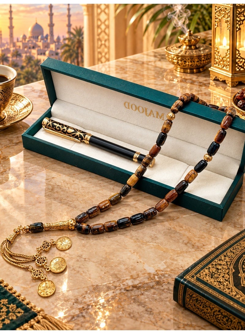 MAJOOD Premium Gift Set: 33 Beads Natural Tiger's Eye Prayer Beads And a Replaceable Ink cartridge Black and Golden pen (Two-Piece Set) – Includes a Beautiful Gift Box, Ideal for Ramadan, Eid al-Fitr, and Daily Prayers. - Image 4