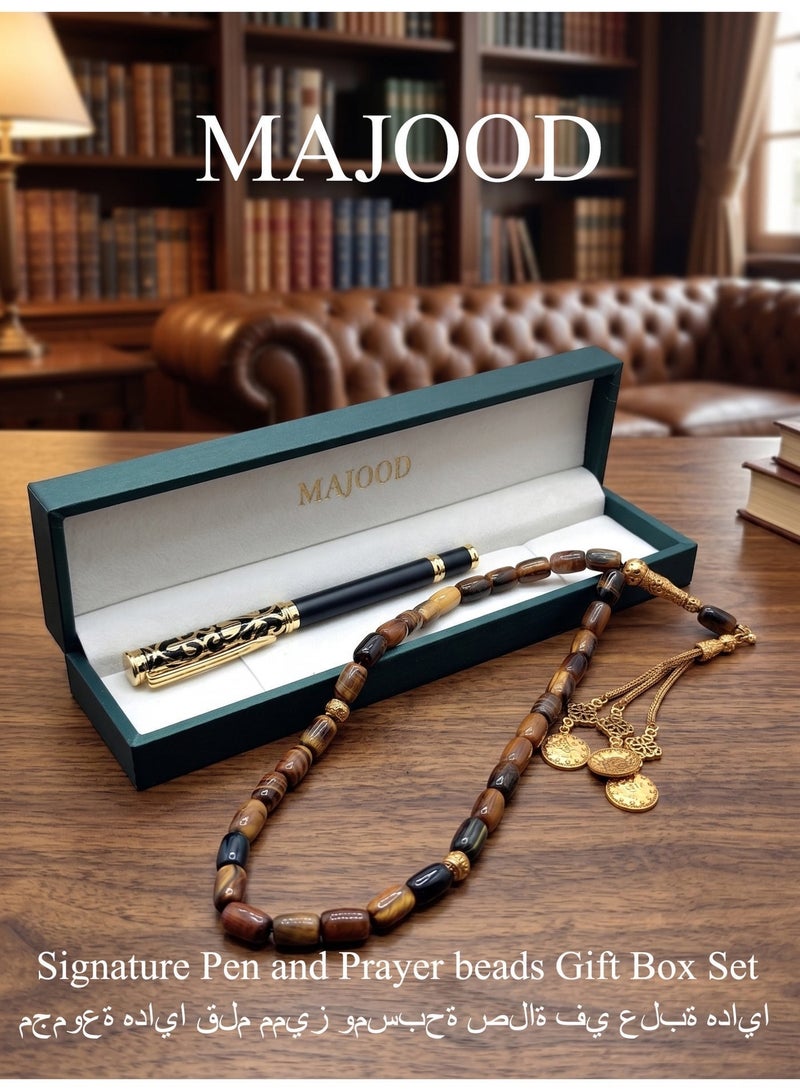 MAJOOD Premium Gift Set: 33 Beads Natural Tiger's Eye Prayer Beads And a Replaceable Ink cartridge Black and Golden pen (Two-Piece Set) – Includes a Beautiful Gift Box, Ideal for Ramadan, Eid al-Fitr, and Daily Prayers. - Image 5