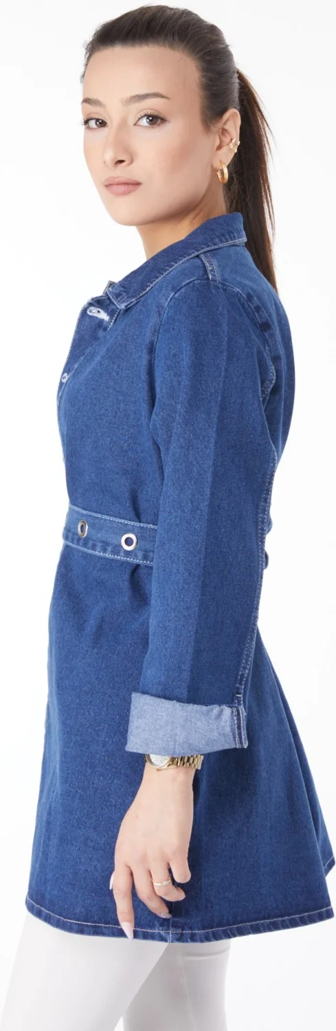 Tofisa Plain Shirt Collar Women's Blue Denim Tunic - 24050