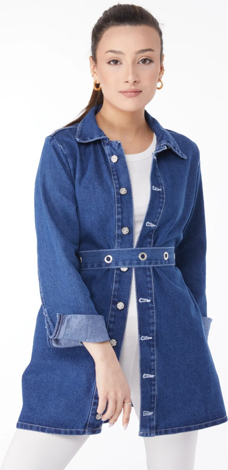 Tofisa Plain Shirt Collar Women's Blue Denim Tunic - 24050