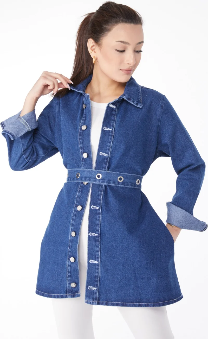 Tofisa Plain Shirt Collar Women's Blue Denim Tunic - 24050