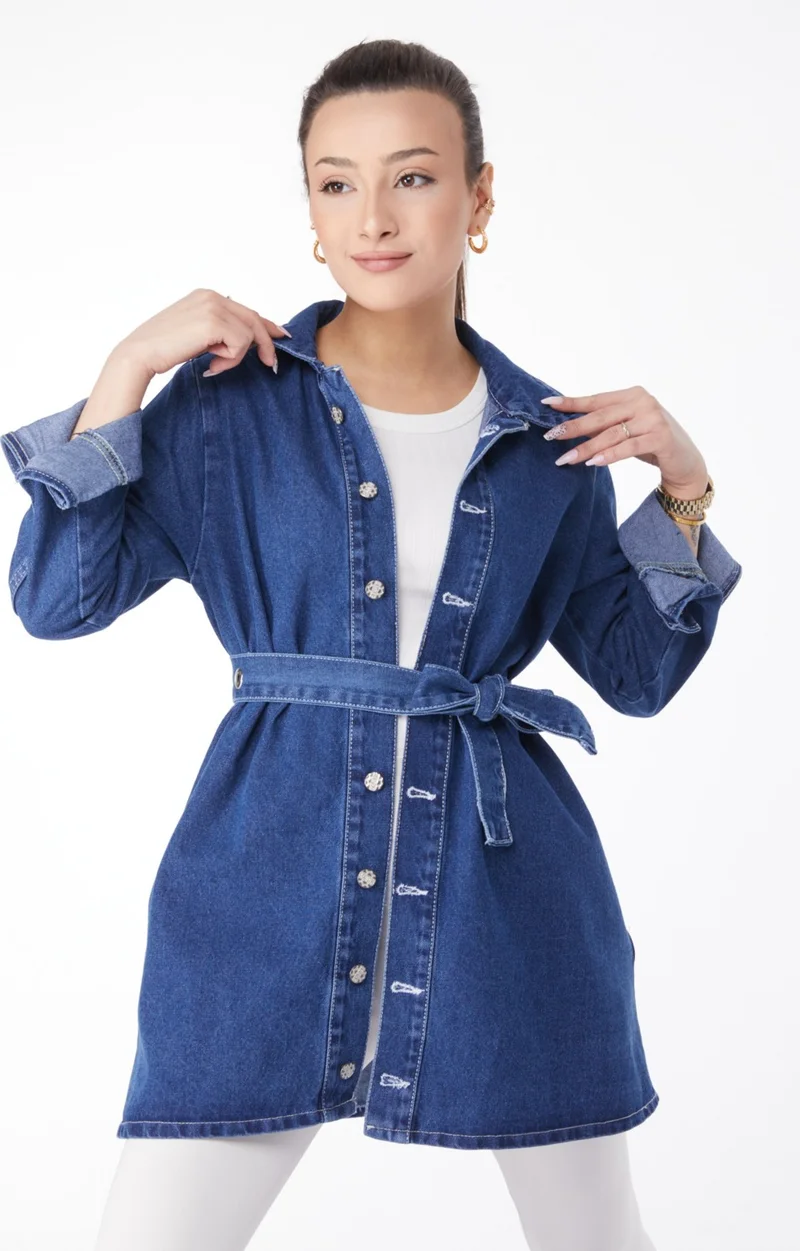 Tofisa Plain Shirt Collar Women's Blue Denim Tunic - 24050