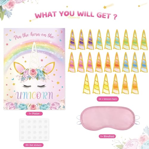 Wernnsai لعبة دبوس القرن على اليونيكورن - زينة عيد ميلاد اليونيكورن ألعاب حفلات عيد الميلاد للأطفال ملصق مع 24 ملصق قرن هدايا حفلات قوس قزح لفتات زينة جدران المنزل - Image 4