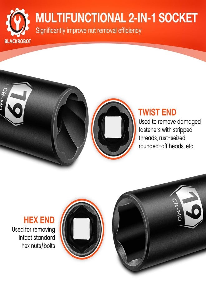 BLACKROBOT 5-Piece 1/2" Drive Lug Nut Removal Tool, 6 Point & Twist Lug Nut Extractor, Impact Flip Socket Set (17mm, 19mm, 21mm, 22mm) with 3" Extension Bar, CR-MO Steel - Image 3