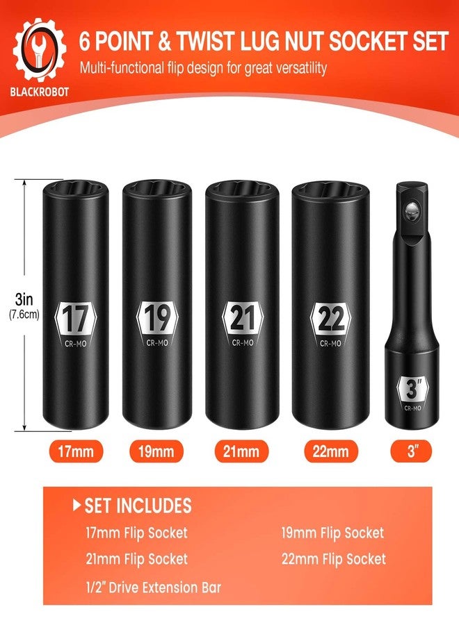 BLACKROBOT 5-Piece 1/2" Drive Lug Nut Removal Tool, 6 Point & Twist Lug Nut Extractor, Impact Flip Socket Set (17mm, 19mm, 21mm, 22mm) with 3" Extension Bar, CR-MO Steel - Image 2