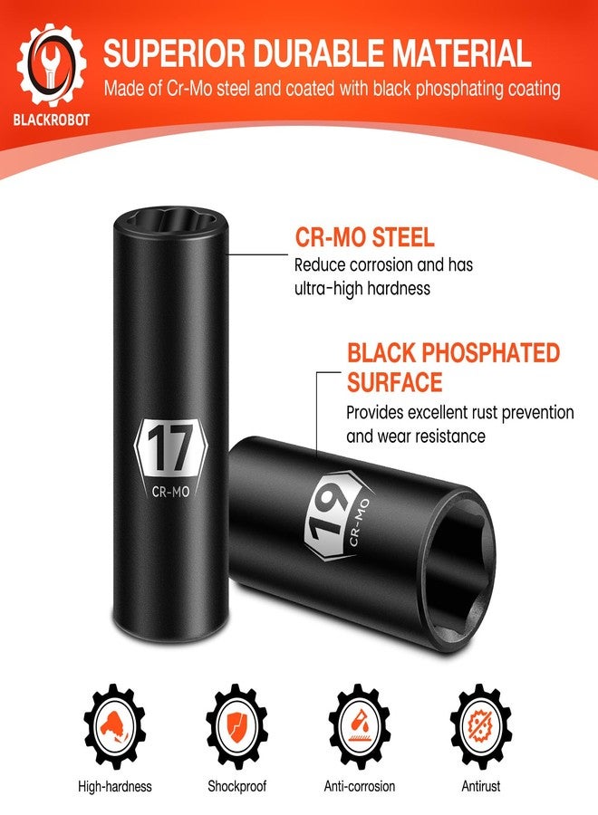 BLACKROBOT 5-Piece 1/2" Drive Lug Nut Removal Tool, 6 Point & Twist Lug Nut Extractor, Impact Flip Socket Set (17mm, 19mm, 21mm, 22mm) with 3" Extension Bar, CR-MO Steel - Image 5