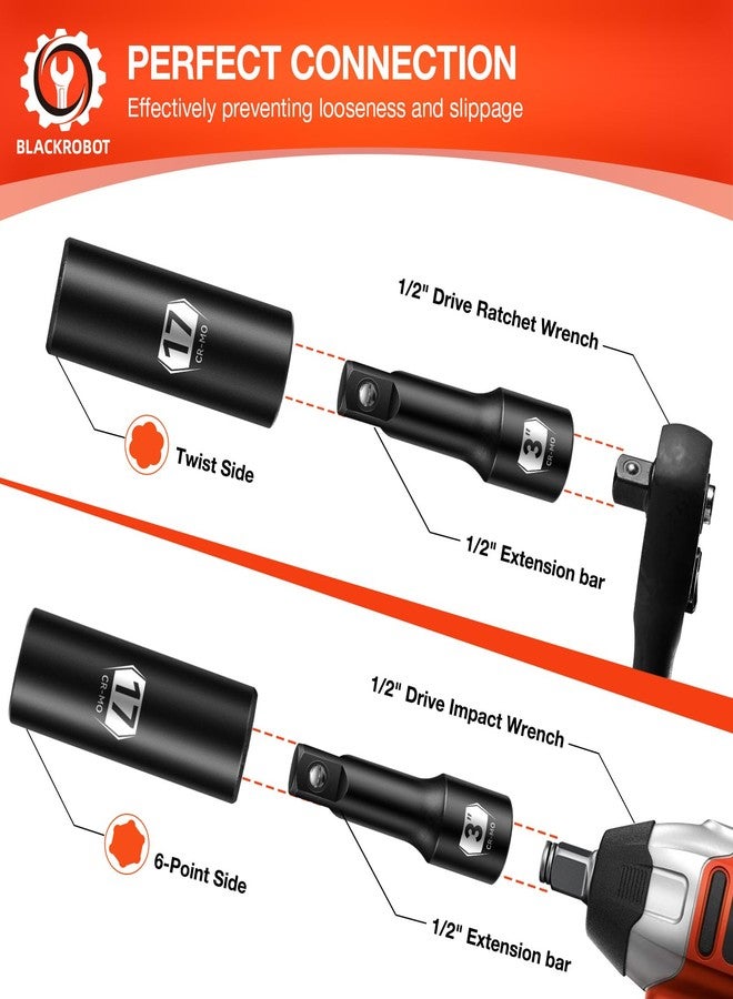 BLACKROBOT 5-Piece 1/2" Drive Lug Nut Removal Tool, 6 Point & Twist Lug Nut Extractor, Impact Flip Socket Set (17mm, 19mm, 21mm, 22mm) with 3" Extension Bar, CR-MO Steel - Image 4