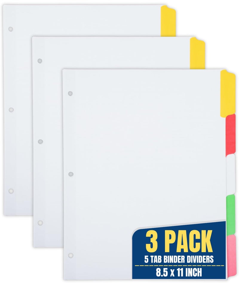 1InTheOffice 3-Pack Plastic Binder Divider with 5 Colored Tabs, 3-Hole, Letter/A4 Size, Multi-colored (Red, Blue, Yellow, Green, Pink) - Image 1