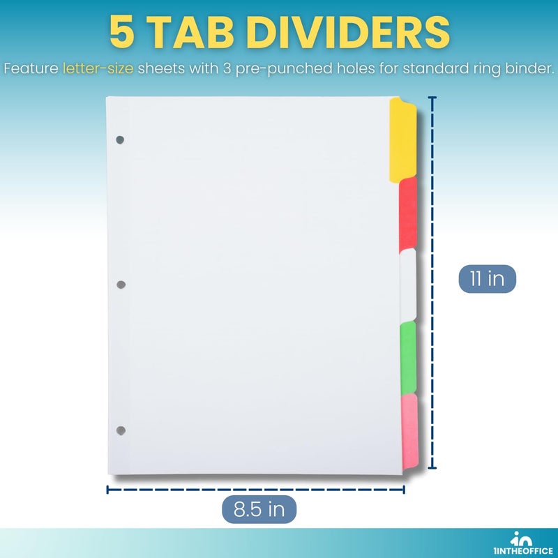 1InTheOffice 3-Pack Plastic Binder Divider with 5 Colored Tabs, 3-Hole, Letter/A4 Size, Multi-colored (Red, Blue, Yellow, Green, Pink) - Image 3