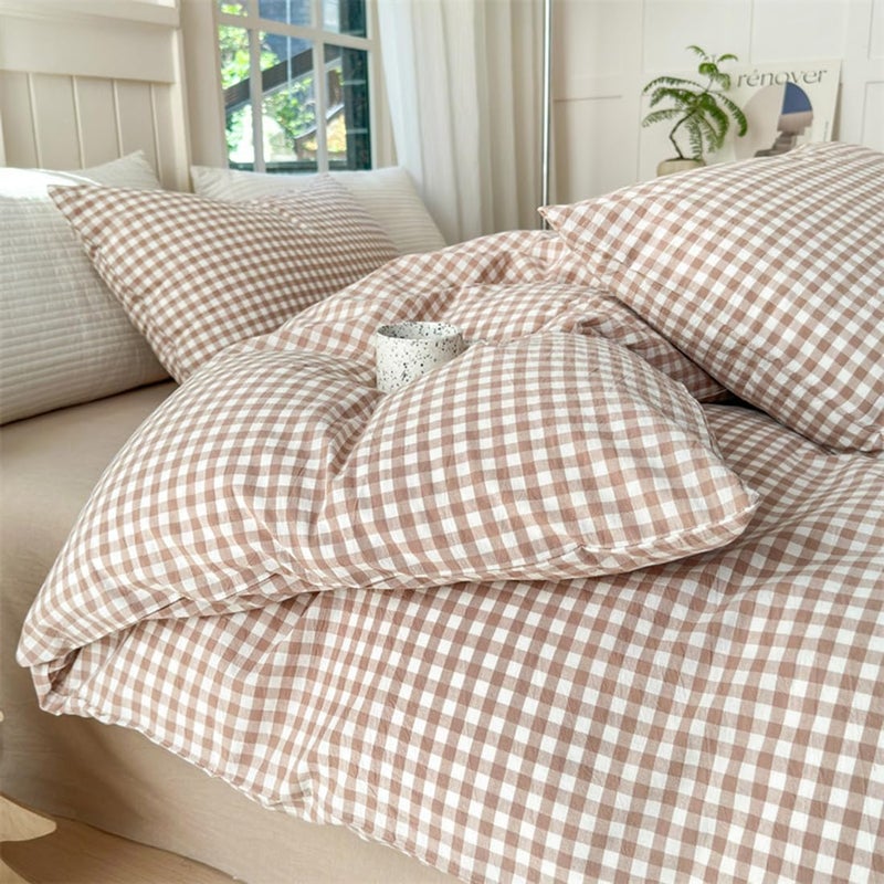 Mucalis Tan Gingham Duvet Cover King 100% Washed Cotton Beige Cream Checked Duvet Cover Set Vintage Brown Plaid 3 Piece Grid Bedding Set with Zipper Closure Corner Ties,Durable,Breathable,Easy Care - Image 3
