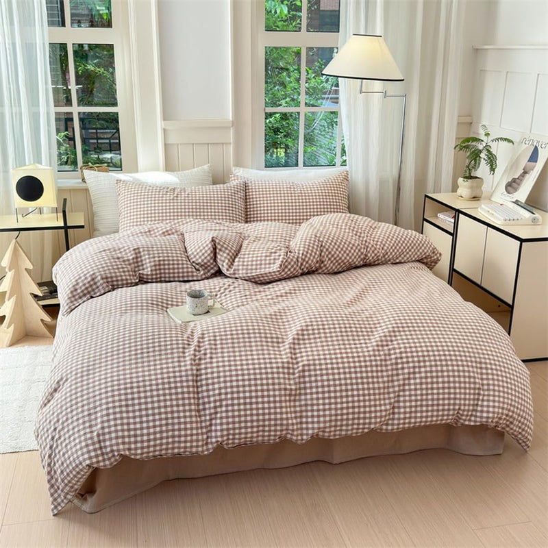 Mucalis Tan Gingham Duvet Cover King 100% Washed Cotton Beige Cream Checked Duvet Cover Set Vintage Brown Plaid 3 Piece Grid Bedding Set with Zipper Closure Corner Ties,Durable,Breathable,Easy Care - Image 2