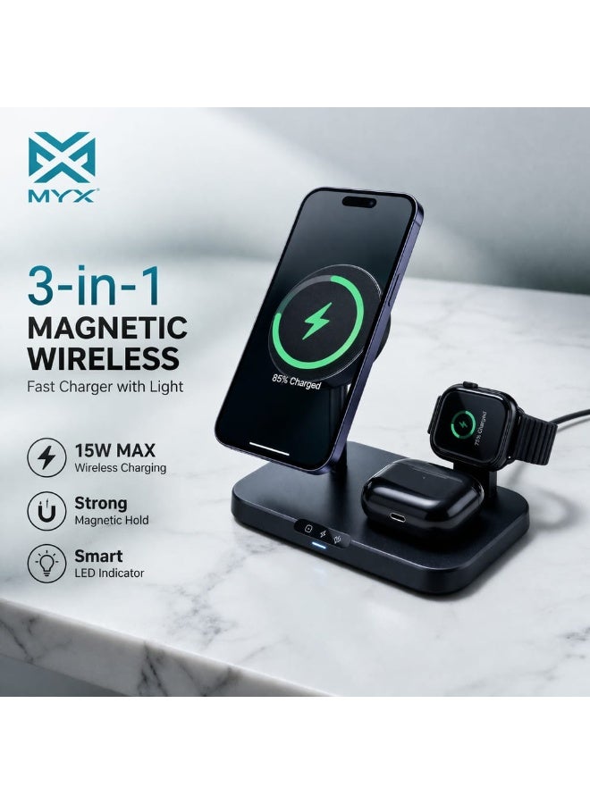 MXY MYX 3 in 1 Magnetic Wireless Charger 15W Fast Charging Stand - Image 1