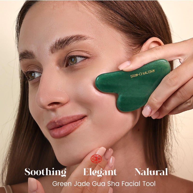 Rena Chris Gua Sha Facial Tools: Jade Stone Guasha Tool for Face Acupuncture Therapy, Facial Massager for Jawline Sculpting and Puffiness Reducing (Green) - Image 3