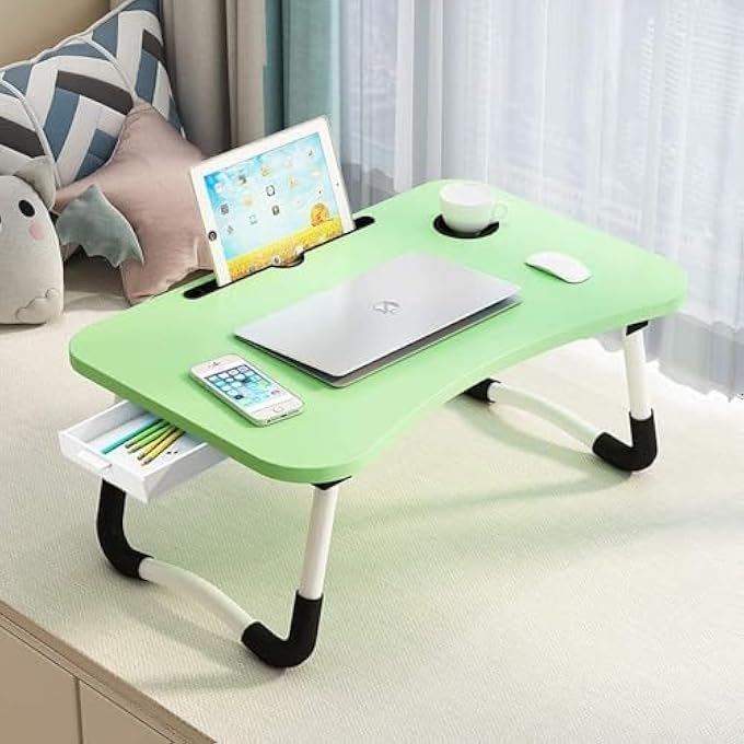 Vital Portable Folding Laptop Desk for BedWith iPad and Cup Holder Adjustable Lap Tray Notebook Stand Foldable NonSlip Legs Reading Table Tray for workingstudyingcamping 60x40x28cm Green - Image 1