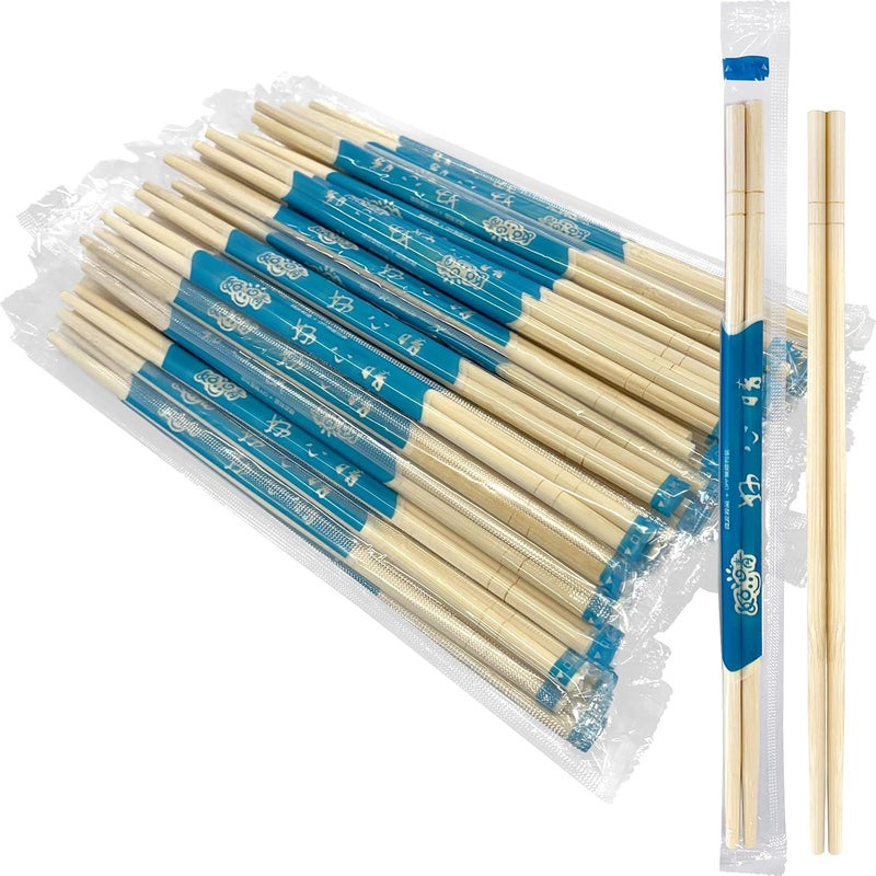 52USA Disposable Bamboo Chopsticks (100 Sets), 9'' Long Individually Wrapped Chinese Chopsticks Wooden Clear Bag Bulk - Image 1