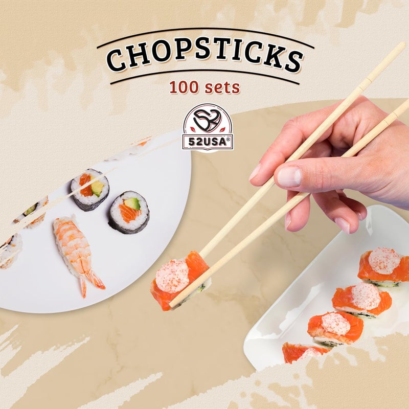 52USA Disposable Bamboo Chopsticks (100 Sets), 9'' Long Individually Wrapped Chinese Chopsticks Wooden Clear Bag Bulk - Image 4