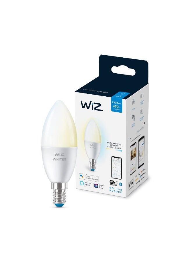 WiZ Connected Smart LED Candle Bulb, E14 Base, Warm to Cool White (2700K-6500K), 4.9W (40W Equivalent), 470 Lumens, WiFi + Bluetooth, Works with Alexa, Google Home & Siri. - Image 1