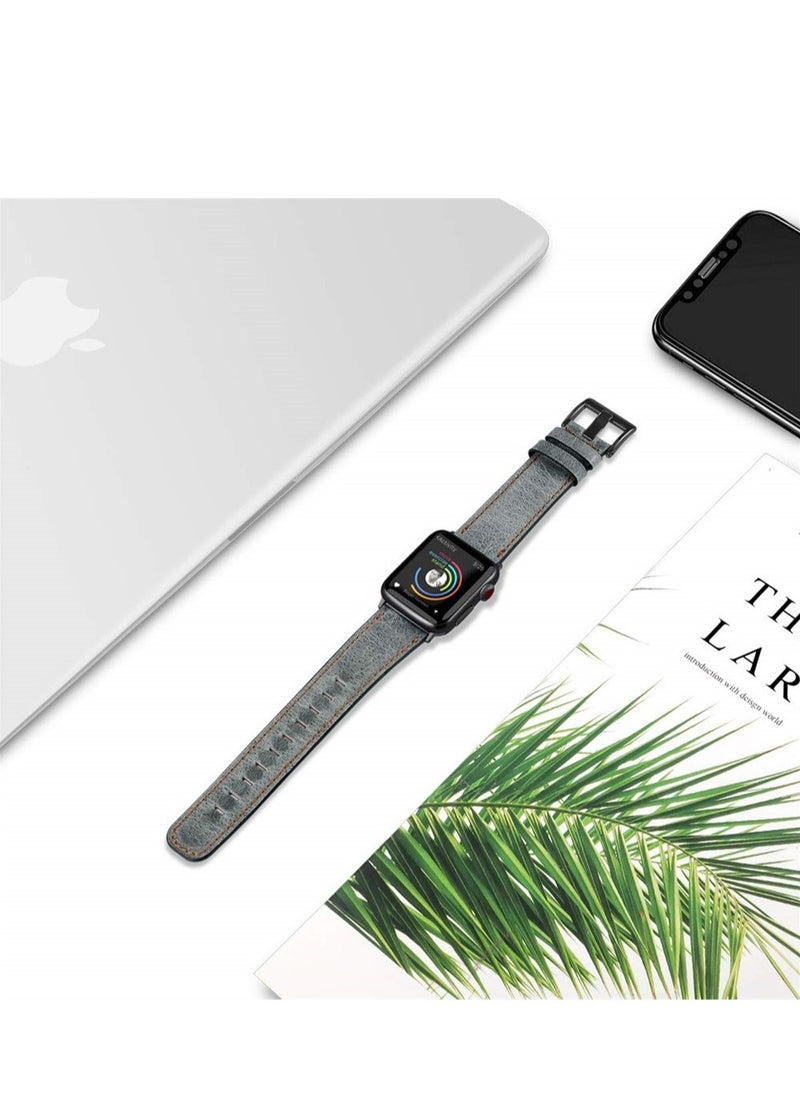 Generic - Genuine Leather Strap for Apple Watch Band, 42-44 mm Retro Watch Band Wrist Band Compatible for Iwatch Series 7 5 4 3 Se 6 Wristband (Gray) - Image 1