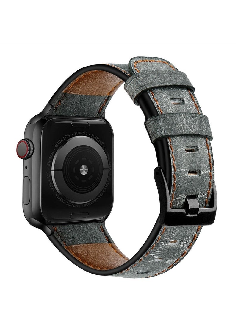 Generic - Genuine Leather Strap for Apple Watch Band, 42-44 mm Retro Watch Band Wrist Band Compatible for Iwatch Series 7 5 4 3 Se 6 Wristband (Gray) - Image 1