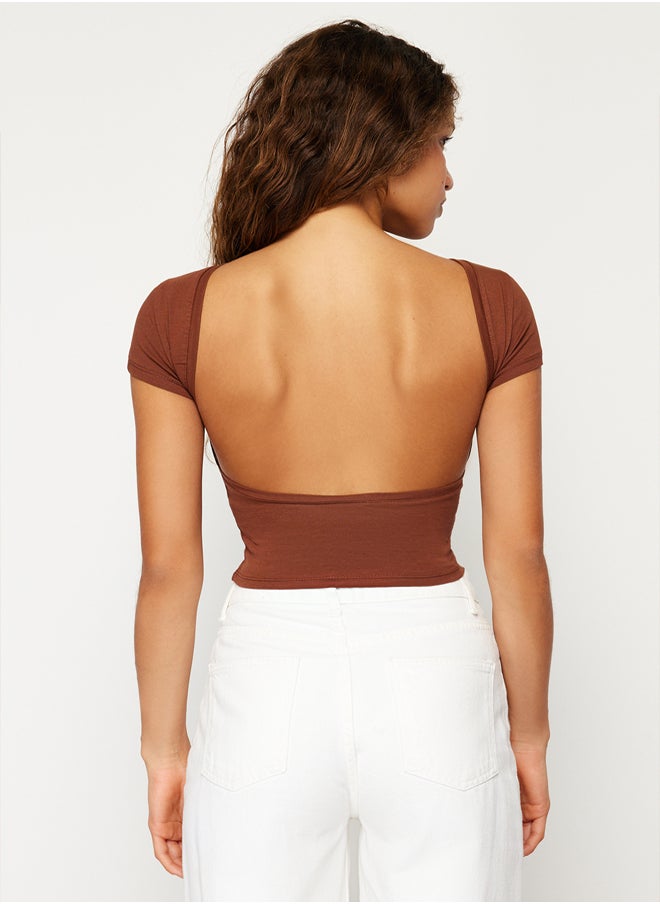 trendyol - Brown Decollete Crop Cotton Stretchy Knitted Blouse TWOSS23BZ00912 - Image 1
