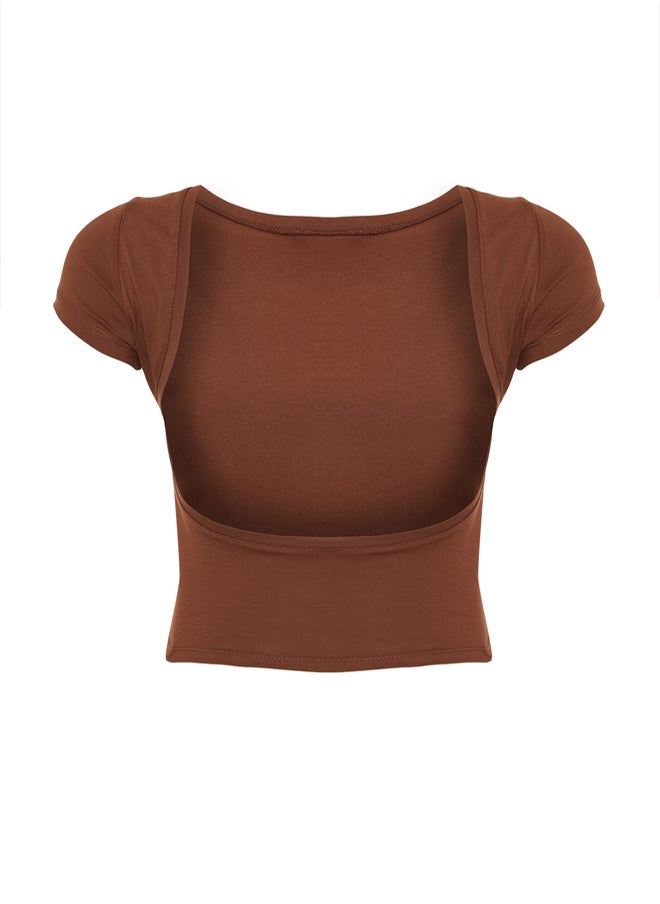 trendyol - Brown Decollete Crop Cotton Stretchy Knitted Blouse TWOSS23BZ00912 - Image 1