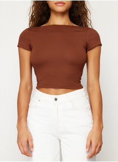 trendyol Brown Decollete Crop Cotton Stretchy Knitted Blouse TWOSS23BZ00912  - Image 3