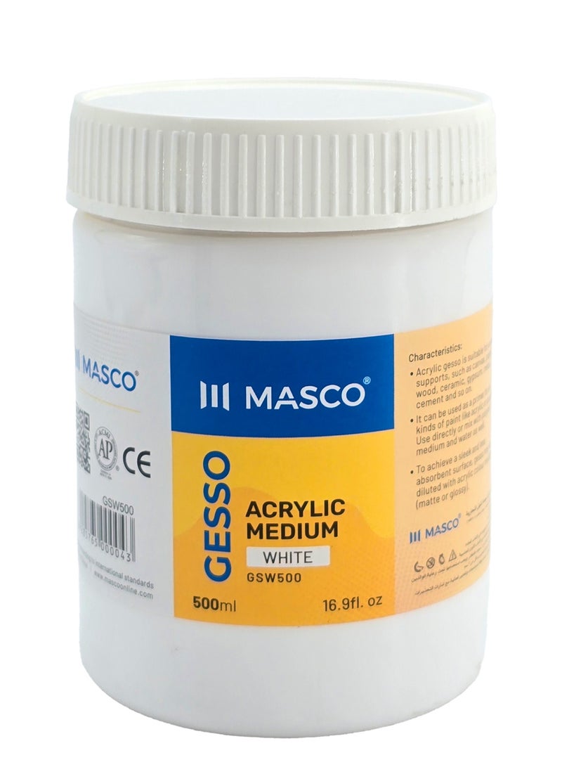 MASCO Gesso Acrylic Medium Paint White, 500ml, Multi-Surface Primer, Non-Toxic - Image 1