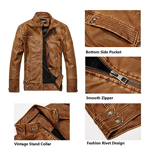 WULFUL Men's Vintage Stand Collar Leather Jacket Motorcycle PU Jacket and Coat - Image 4