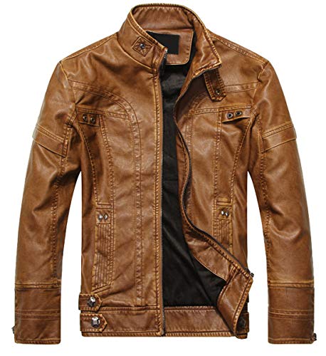 WULFUL Men's Vintage Stand Collar Leather Jacket Motorcycle PU Jacket and Coat - Image 3