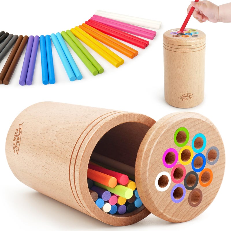 SMALL FISH Montessori Toys for 1 2 3 Year OldSolid Wood Fine Motor Object Permanence Box for One Two Year Old Baby Fidget Sensory Toys for Toddlers 13 Color Sorting Cause and Effect 12 Month Toys - Image 2
