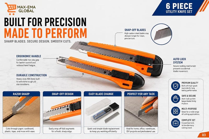 MAX-EMA GLOBAL 6 Piece Utility Knife Set with 2 Snap-Off Cutters, Safety Utility Knife, Blade Storage Case & Replacement Blades | Heavy Duty Box Cutter Set for DIY, Office & Warehouse Use - Image 4