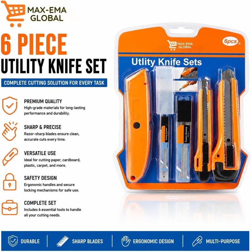 MAX-EMA GLOBAL 6 Piece Utility Knife Set with 2 Snap-Off Cutters, Safety Utility Knife, Blade Storage Case & Replacement Blades | Heavy Duty Box Cutter Set for DIY, Office & Warehouse Use - Image 2