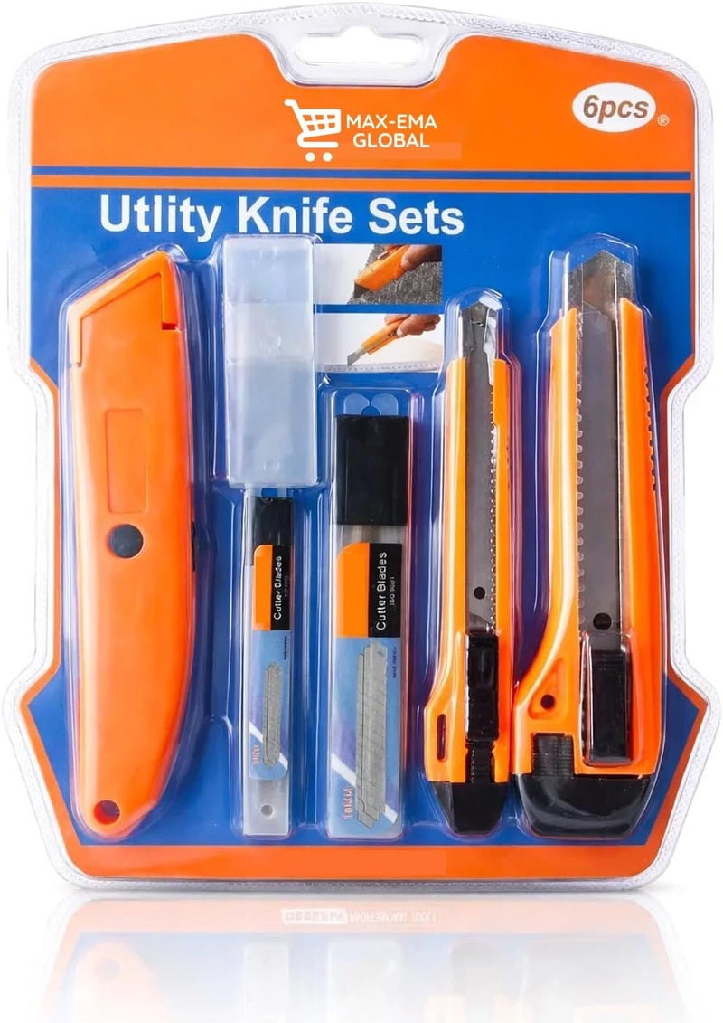 MAX-EMA GLOBAL 6 Piece Utility Knife Set with 2 Snap-Off Cutters, Safety Utility Knife, Blade Storage Case & Replacement Blades | Heavy Duty Box Cutter Set for DIY, Office & Warehouse Use - Image 1