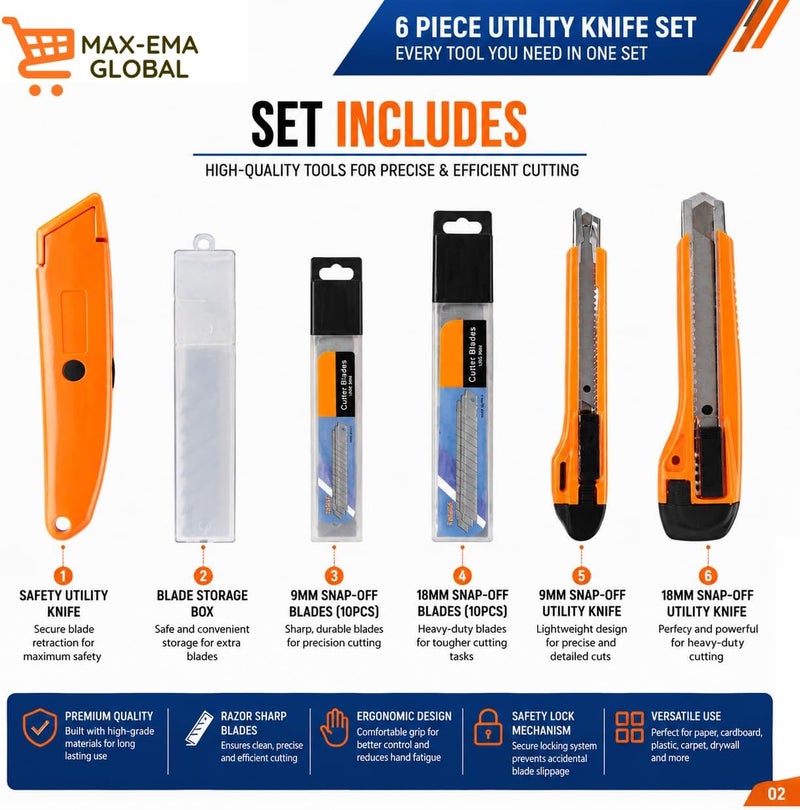 MAX-EMA GLOBAL 6 Piece Utility Knife Set with 2 Snap-Off Cutters, Safety Utility Knife, Blade Storage Case & Replacement Blades | Heavy Duty Box Cutter Set for DIY, Office & Warehouse Use - Image 3