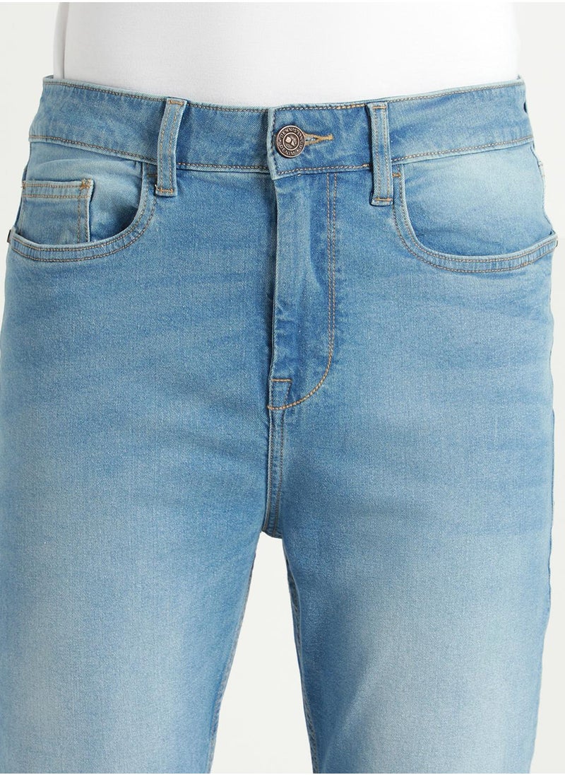 Dennis Lingo Men's Mid Blue 100% Cotton Solid Pattern Full Length Straight Fit Jeans  - Image 5