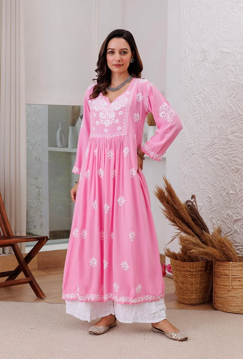 ZERESOUQ Zainat Baby Pink Rayon Chikankari Anarkali Kurta Only