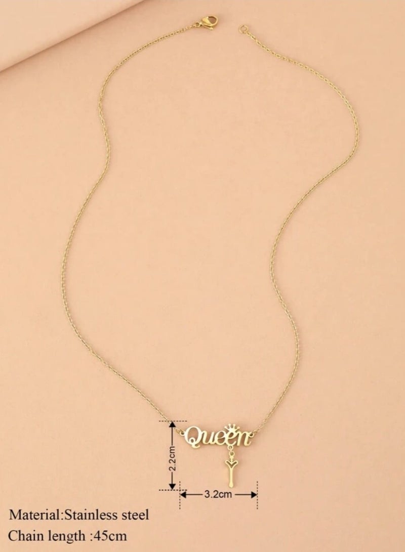 يوكا  قلادة ذهبية من الستيل المقاوم للصدأ، حروف أنيقة، تاج ملكة سلسلة قلادة أنيقة فاخرة ذات هدية مجوهرات جميلة للمرأة - Image 4