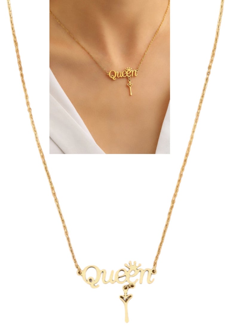 يوكا  قلادة ذهبية من الستيل المقاوم للصدأ، حروف أنيقة، تاج ملكة سلسلة قلادة أنيقة فاخرة ذات هدية مجوهرات جميلة للمرأة - Image 5