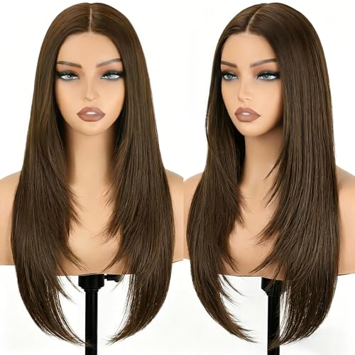 NOSTALGIA Brown Wear and Go Glueless Wigs Pre Plucked Pre Cut for Beginners Synthetic Lace Front Wigs For Woman Long layered Straight 3 Seconds to Wear - Image 1