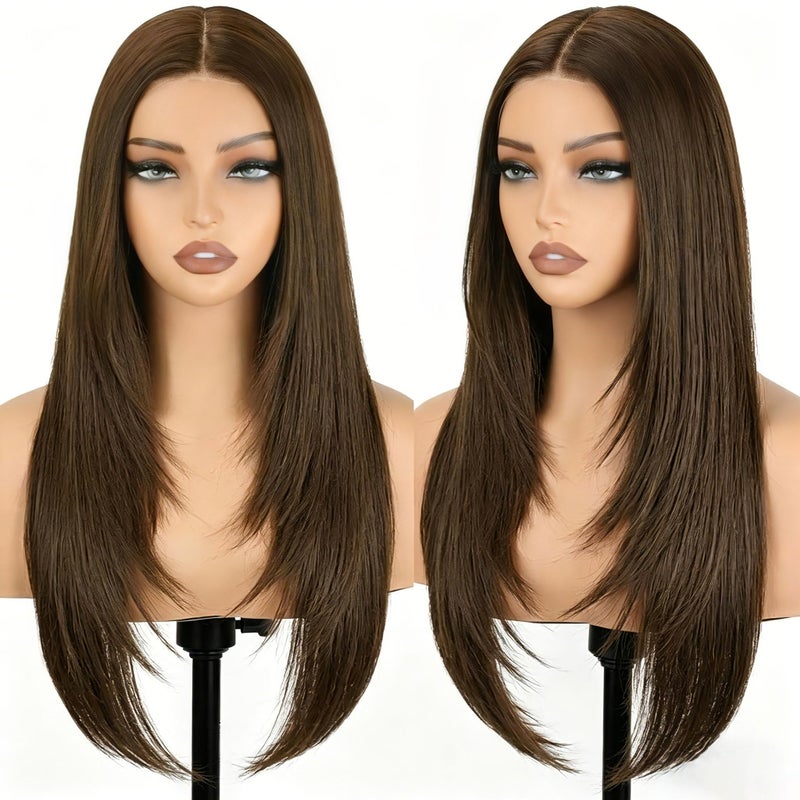 NOSTALGIA Brown Wear and Go Glueless Wigs Pre Plucked Pre Cut for Beginners Synthetic Lace Front Wigs For Woman Long layered Straight 3 Seconds to Wear - Image 2