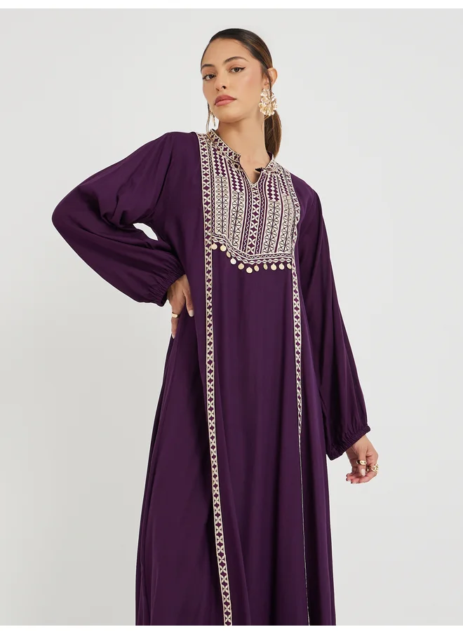 Maxim Creation Maxim Creation Embroidered Yoke Collared Jalabiya with Sequin Detail