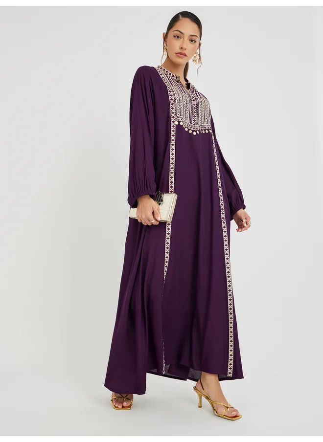 Maxim Creation Maxim Creation Embroidered Yoke Collared Jalabiya with Sequin Detail