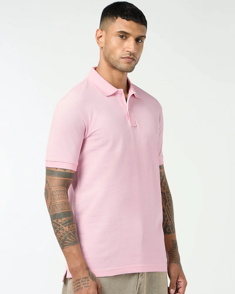 bewakoof Men's Light Pink Polo T-shirt